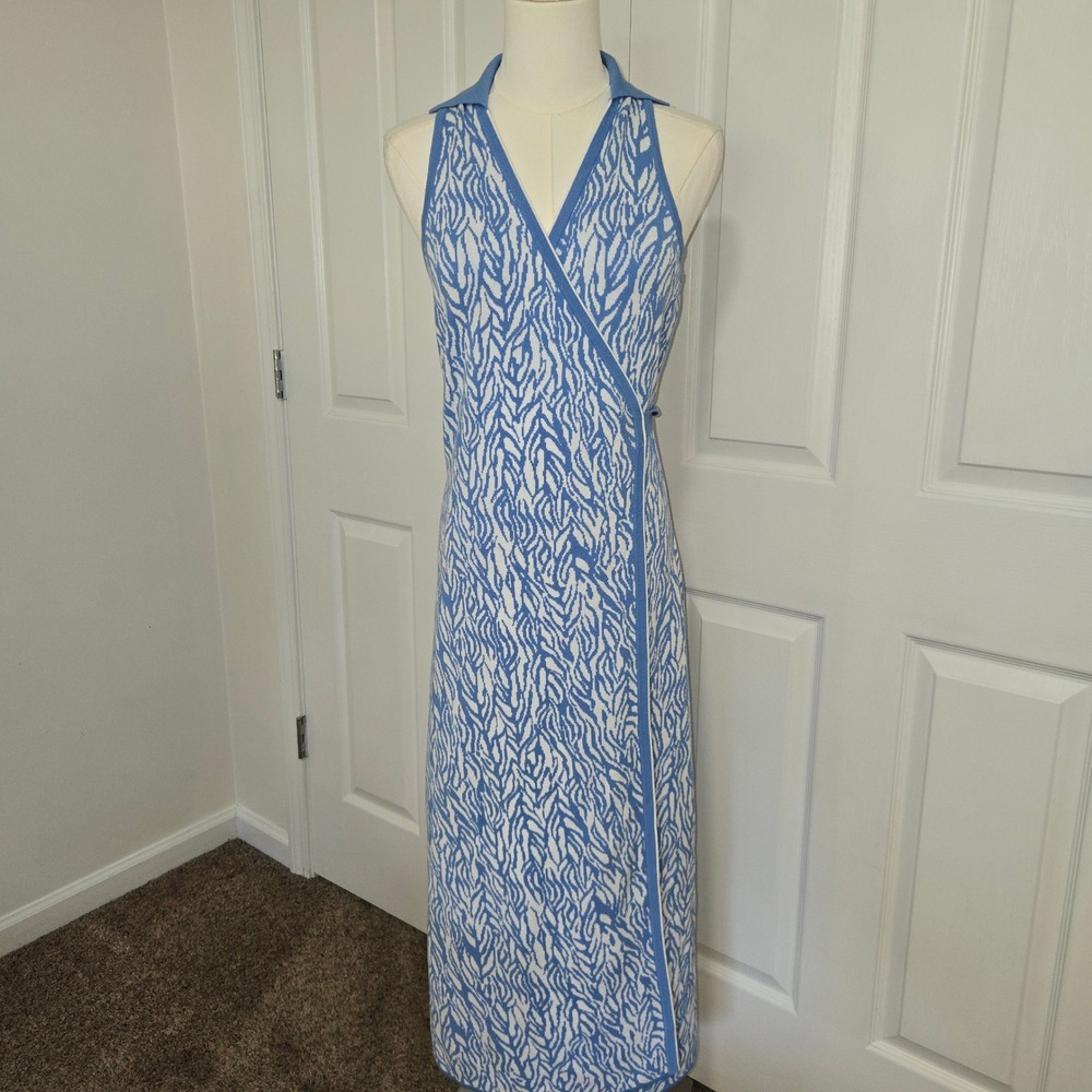 Diane von Furstenberg Wrap Dress Womensā Medium Blue Zebra Knit Midi Collared